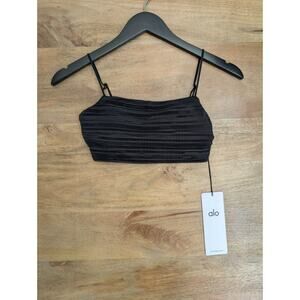 Alo Yoga Micro Plisse Game On Bra Womens XS Black Striped Spaghetti Straps NWT